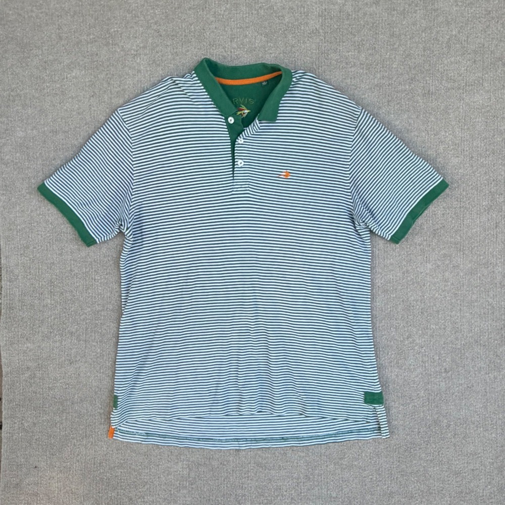 Orvis Mens XL Green White Striped Polo Shirt Short Sleeve Pique Fishing Fly Logo